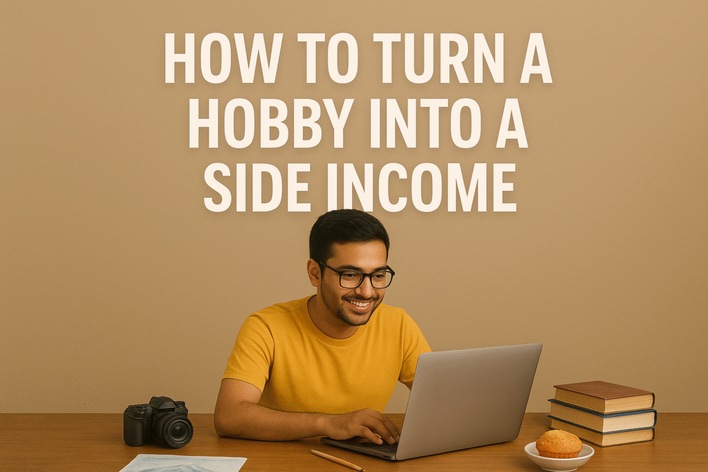 How to turn a hobby into a side income – young man working on laptop with hobbies like photography, art, and writing items on desk.