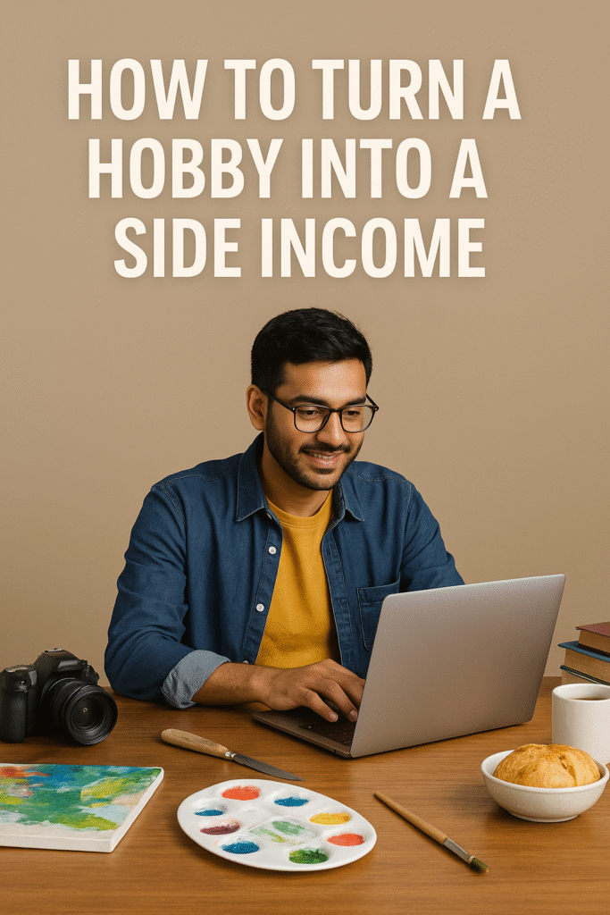 Young man working on laptop with creative hobby tools like paints, camera, and books, symbolizing turning a hobby into a side income.