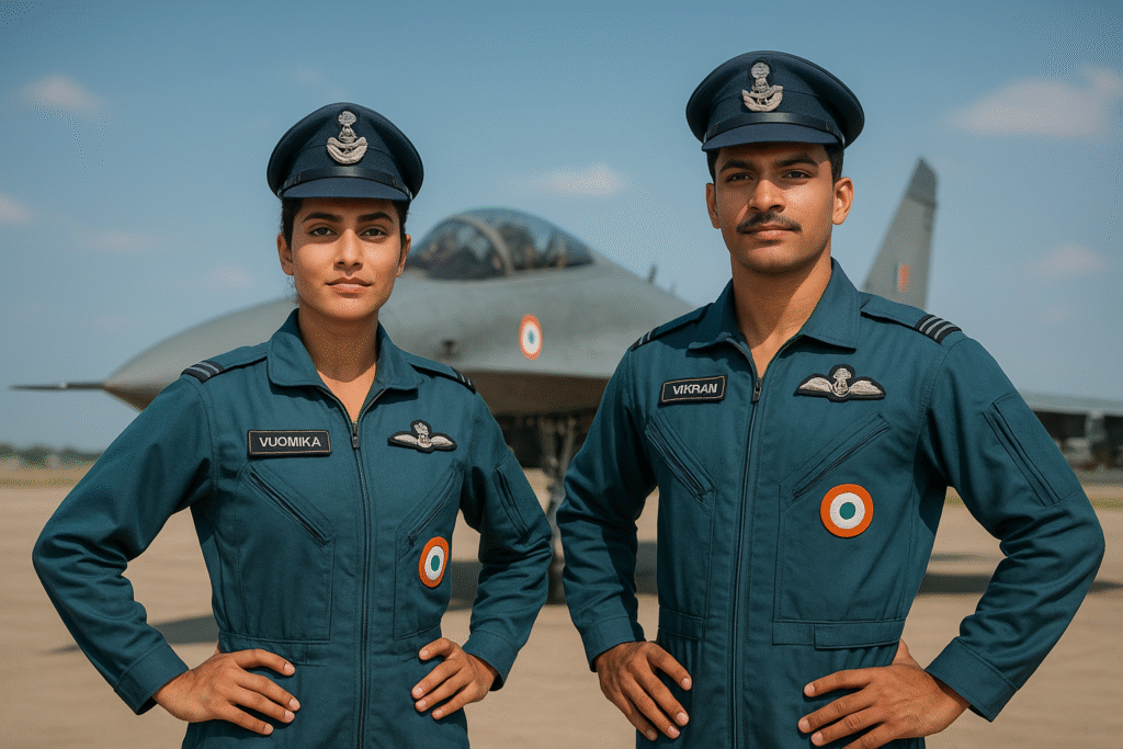 इंडियन एयरफोर्स की महिला और पुरुष पायलट्स यूनिफॉर्म में एयरबेस पर खड़े हैं, पीछे लड़ाकू जेट विमान (fighter jet) और नीला आसमान, रियलिस्टिक, हाई-रेज़ोल्यूशन, मोटिवेशनल और प्रोफेशनल लुक।