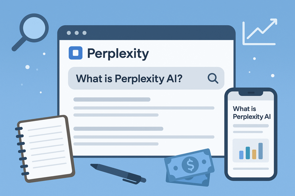 Perplexity AI स्क्रीन और मोबाइल इंटरफेस दिखाते हुए, रिसर्च और पैसे कमाने के लिए उपयोगी टूल