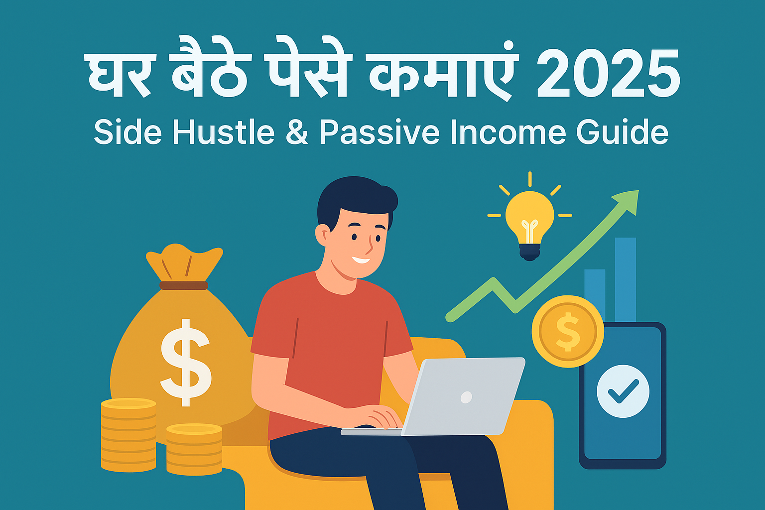 घर बैठे पैसे कमाएँ 2025 – लैपटॉप पर काम करता युवा, पैसे के बैग, कॉइन्स और ग्रोथ ग्राफ के साथ (Side Hustle & Passive Income Guide)