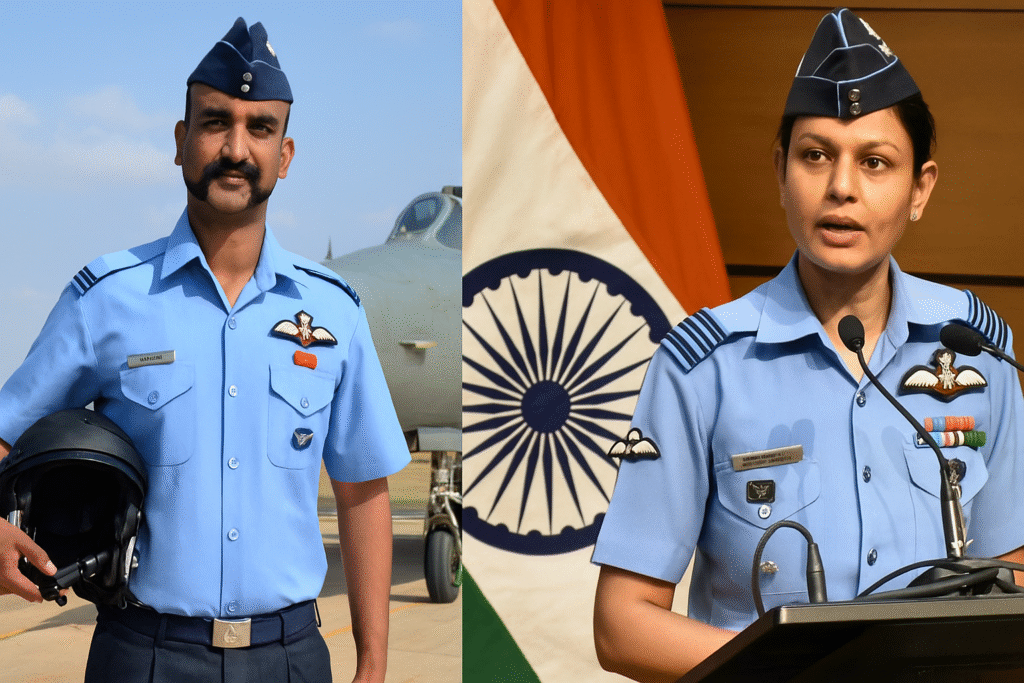 एक पायलट यूनिफॉर्म में खड़ा लड़का लड़की