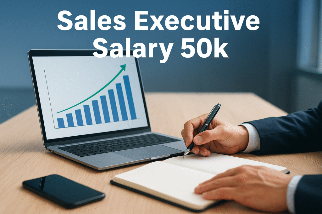 Sales Executive earning 50k per month with rising sales graph on laptop screen